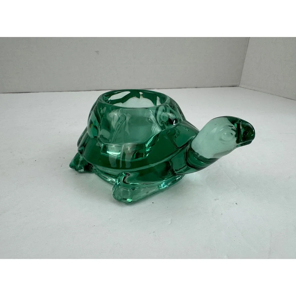 Vintage Indiana Glass Green Turtle Votive Candle Holder Figurine Heavy Emerald